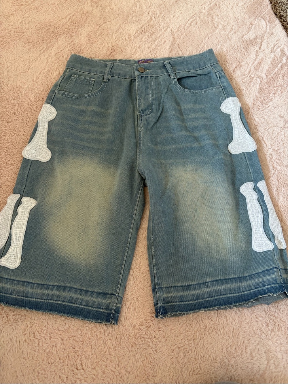 Kapital Japanese Designer Brand Blue Denim Jean Shorts with White Bone Appliqués
